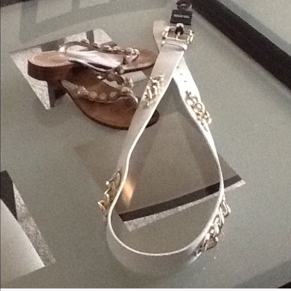 Michael Kors White Leather Belt w/Chain Detail